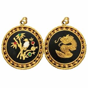 Vintage Asian Dragon Pendant Reversible Gold Tone Black Enamel Jewelry Raised
